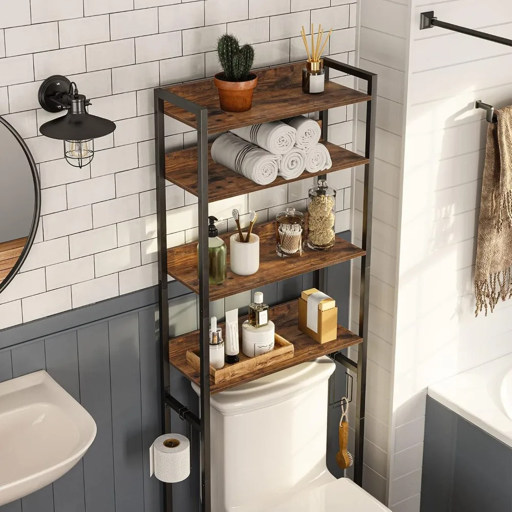 Over The Toilet Storage Rack, 4 Tier Bathroom Organizer Over Toilet, Freestanding Space Saver Toilet Stand with 2 Hooks, 4