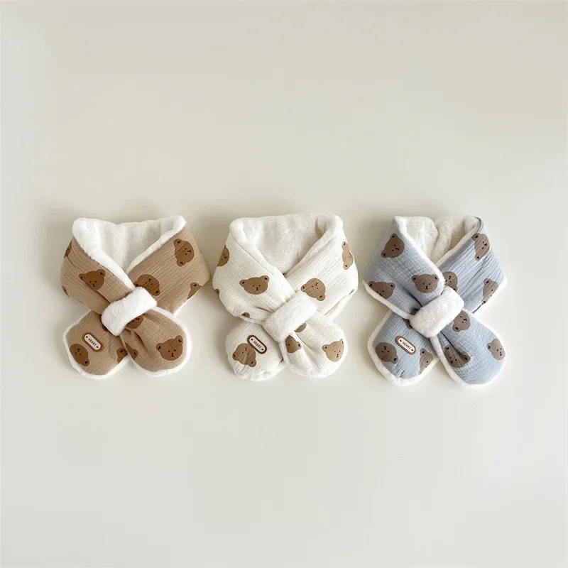 한국 곰 프린트  스카프 겨울 플러시 크로스 스카프 어린이용 남아 여아 따뜻한 목도리