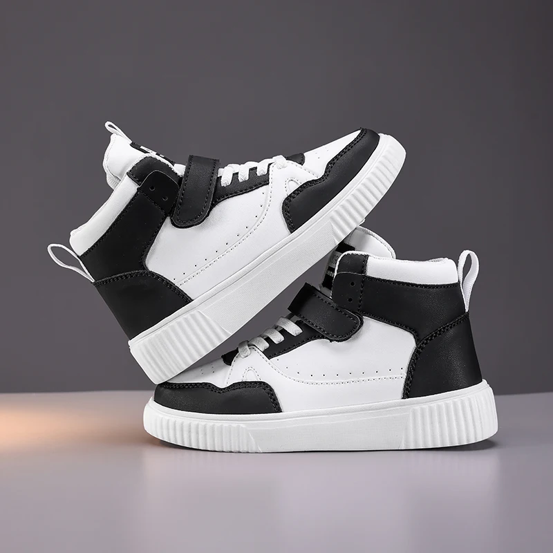 Boys High Top Sneakers - Autumn Leather Sports Shoes with Hook & Loop Closure