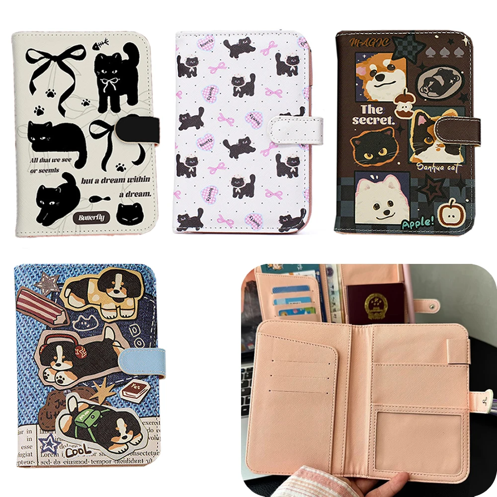 Cartoon Cat Dog Passport Holder Wallet Leather Passport Cover Portable Multi-function Waterproof Ticket Clamp Travel Accessory