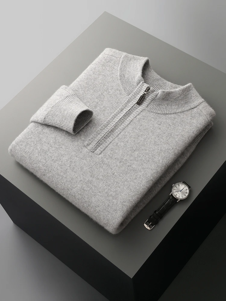 Men 100% Cashmere Sweater Suit Mock Neck Zipper Pullover Cashmere Pants Autumn Winter Thick High Quality Cashmere Knitwear Tops 2