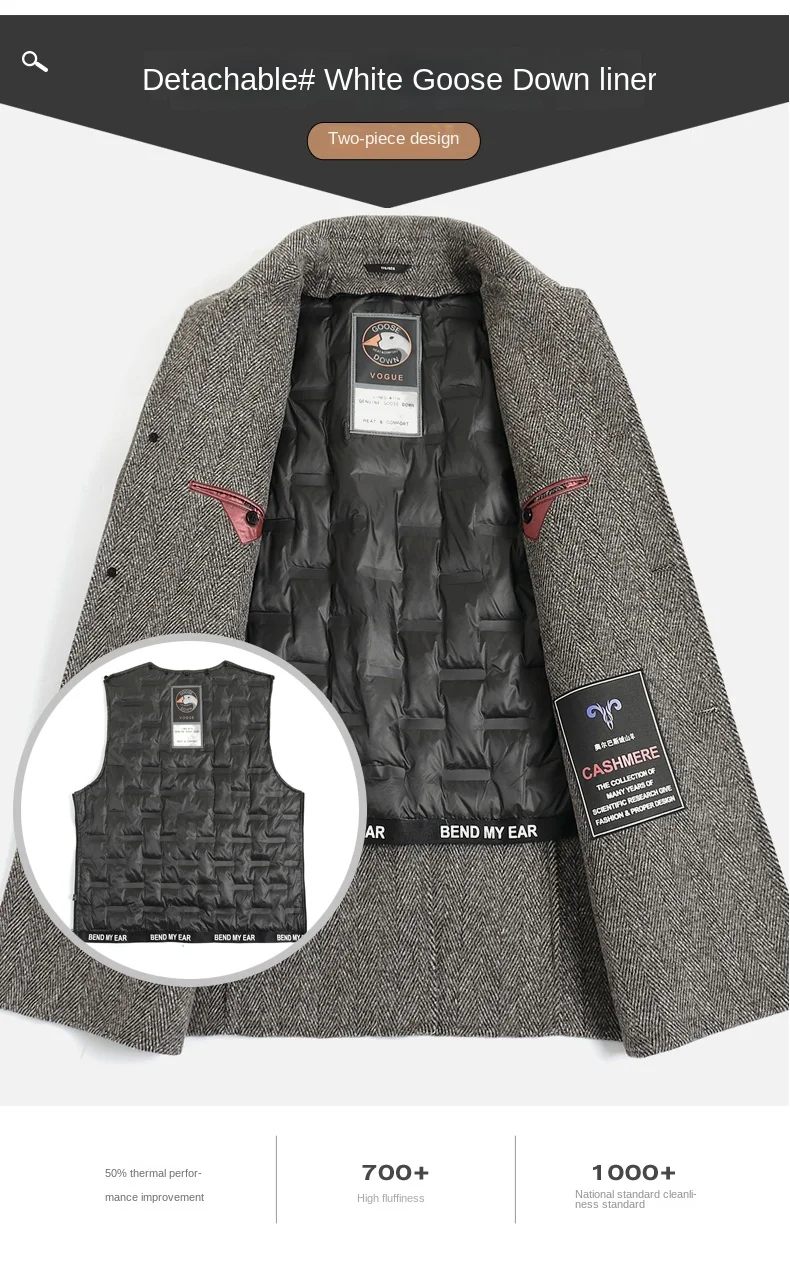 Description Picture 4 of itemWinter Thickened Double-sided Cashmere Coat Men's Warm Goose Down Liner Medium 100% Wool Jacket Men Woolen Coat Male Chaqueta FC