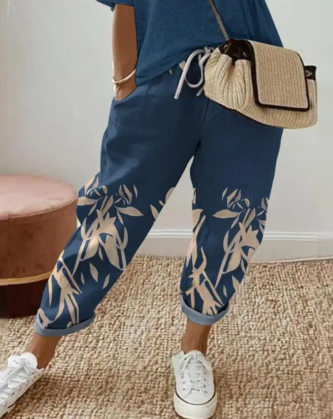 Women's Pants 2023 Summer Fashion Plants Print Drawstring Casual Pocket