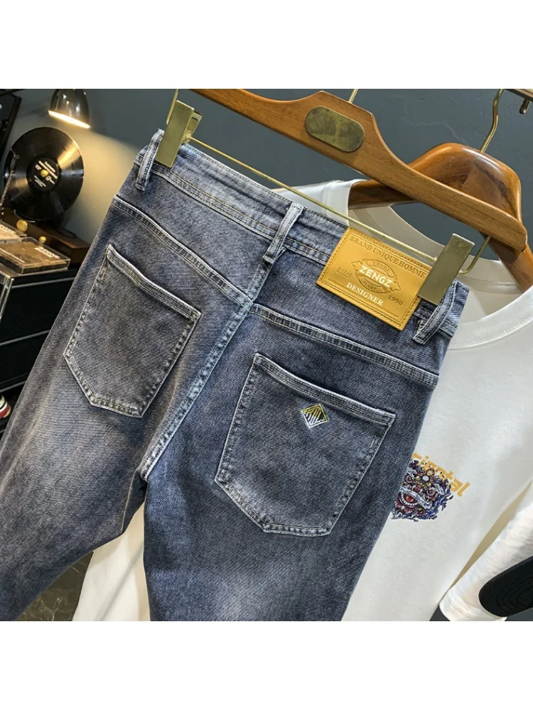 Spring and Autumn men's jeans trendy 2024 New slim fit skinny high-end embroidery trendy brand blue pencil pants trousers