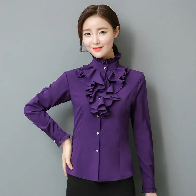 Feminine Buttons Blouse Work Women Retro Vintage Formal Business Long Sleeve Stand Collar Chic Shirt Elegant Ladies Purple Tops long sleeve stand up collar shirt office ladies chic buttons women blouses solid tops high end luxury designer clothing new