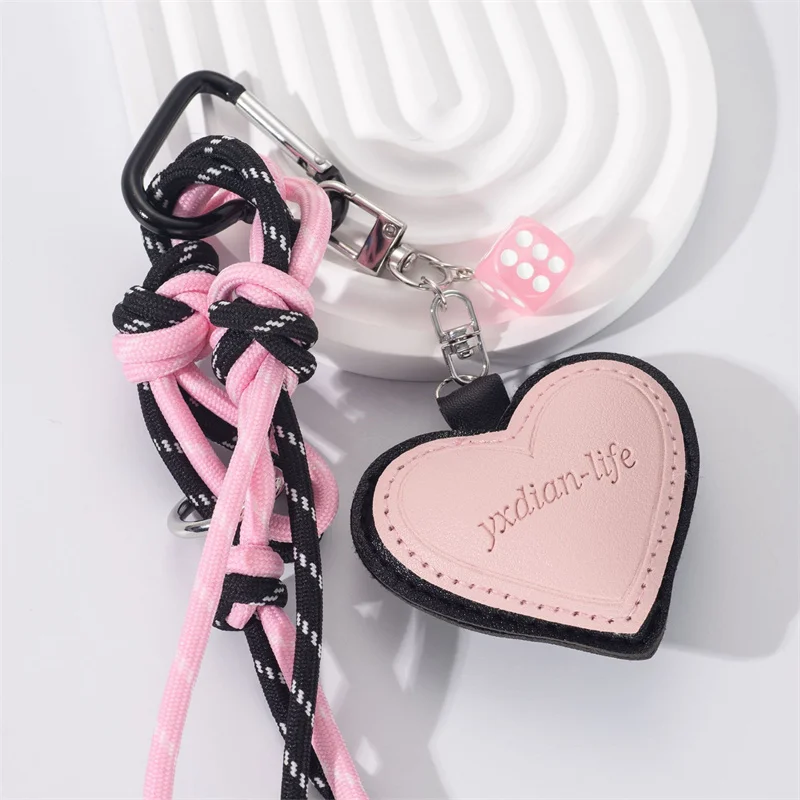 Cartoon Pink Heart-shaped Leather Pendant Keychain Personality Creative Pink Dice Women's Bag Key Chain Trinket for Female Gift