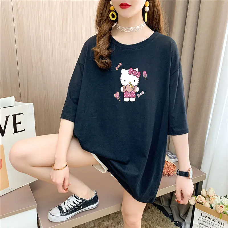 thumbnail image 1 of Hello Kitty nuevo verano de talla grande Top de algodón para niños niñas holgada con estampado cubierta del vientre Camiseta de manga corta con cuello redondo, 1 of 5