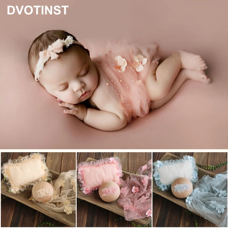 Dvotinst Newborn Baby Photography Props Floral Preal Wrap Fairy Mesh Wraps Headband Pillow 3pcs Photo Props Studio Shoots dvotinst newborn photography props for baby soft cotton mesh wraps background blanket fotografia accessories shoots photo props