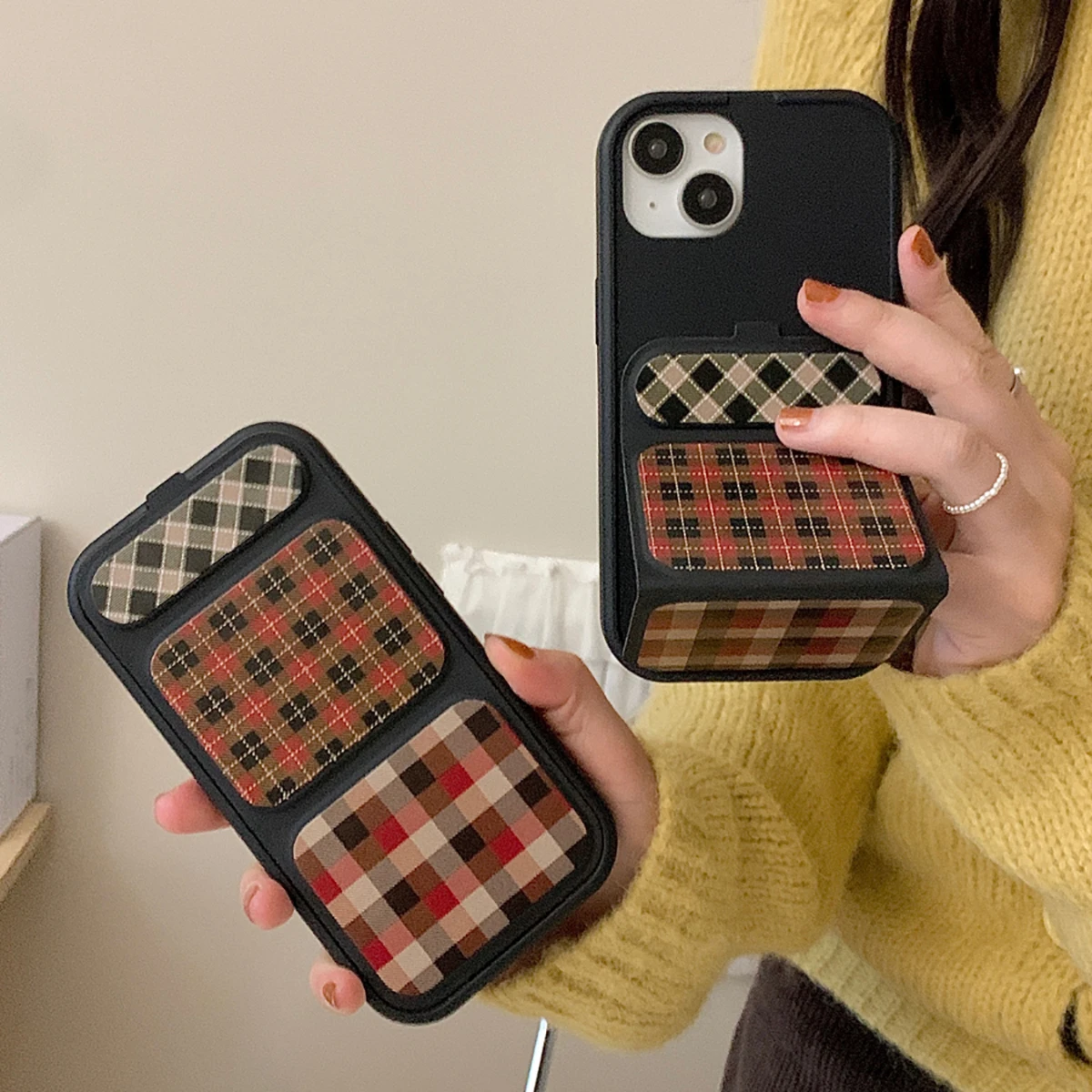 Luxus überprüft kreative klappbare Leder halter Rückseite für iPhone 12 13 14 15 Pro Max Gleit linsen schutz Gitter Telefon hülle