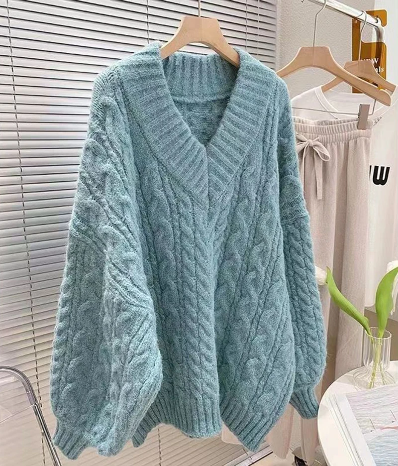 Oversized Sweater Women Fashion Preppy Pink V Neck Knitted Pullovers Harajuku Korean Long Sleeve Knitwear Winter Jumpers