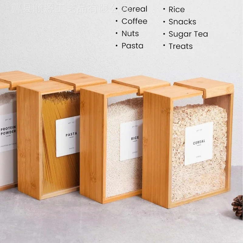 Bamboo Wooden Grain Storage Box Airtight Square Kitchen Pantry Organizer Transparent Food Container for Rice Cereal Dry Goods 2