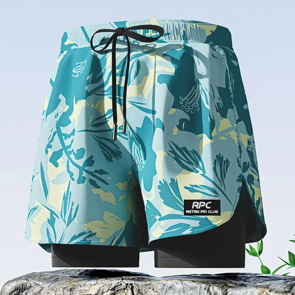 Swim Shorts Men's Elastic Waist Drawstring Swimming Shorts with Compression Liner Pockets Summer Swim Trucks for Supportive