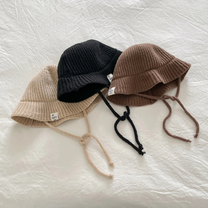 

Korean children knitting fisherman hat 2023 college style personality strap small cloth label baby big brim cap basin hat