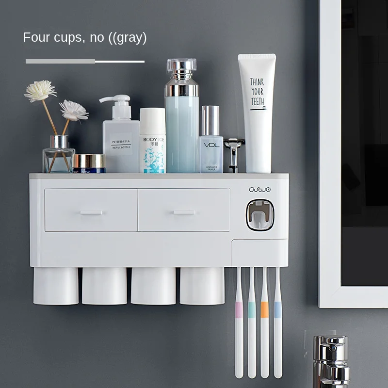 Toothbrush Bathroom Accessories Set Wall Mount Storage Rack Toiletries Storage Toothpaste Dispenser with Cup Mug Holder Rack