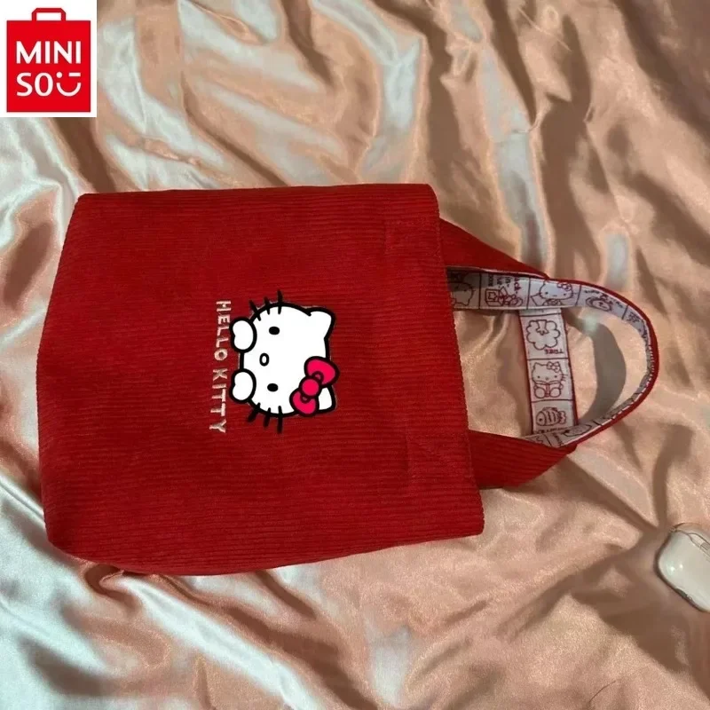 MINISO Sanrio Cartoon Hello Kitty Corduroy Cute Printed Handbag for Students Fashion and Casual Large Capacity Storage Bag