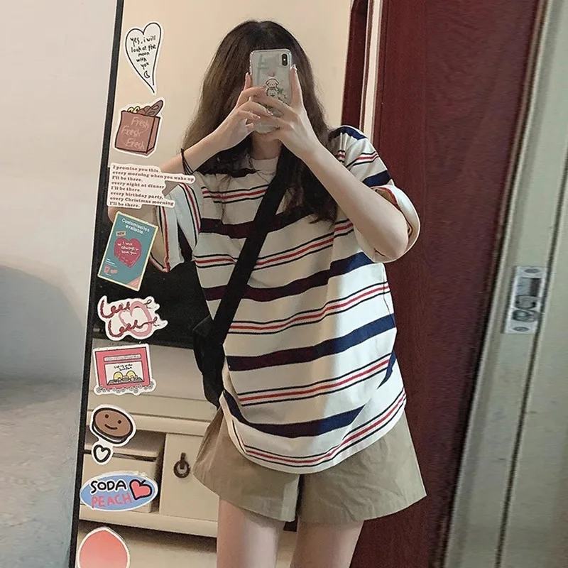 Maternity Summer Suit Short-Sleeved Fashion Summer New Shorts Casual Lazy Striped Top Short-Sleeved Shorts Two-Piece Set Yankee 5