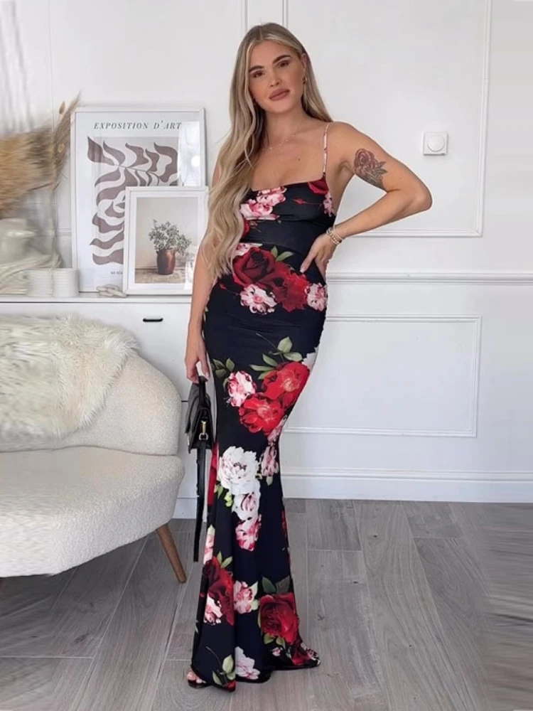 

Spring Summer Women Elegant Dress Luxury Backless Sexy Print Sleeveless Bodycon Slim Long Party Slip Dress 2023 New