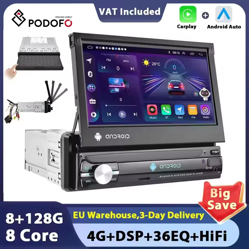 Radio para Auto Podofo Android 1 Din con Pantalla Giratoria, Carplay, Reproductor Multimedia, Reproductor de Video, Audio Universal para Auto, GPS, Navegación, WIFI 1