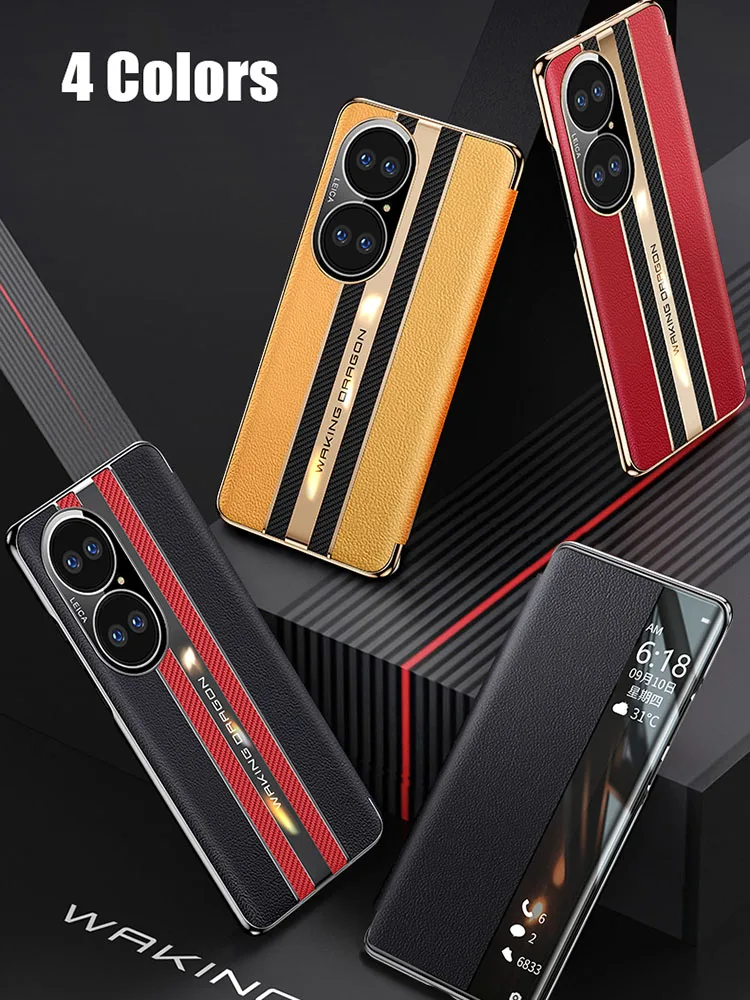 Luxury Sports Car Canbon Fiber Genuine Leather Flip Cover Case for HUAWEI P60 P50 40 30 Pro Mate 50  Smart View Sleep Wake UP