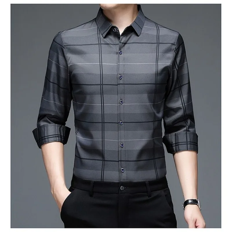 2023 New Spring Summer Long Sleeve Shirt Men's Business Casual Shirt Plaid Button Stripe Thin Fashion Vintage Tops
