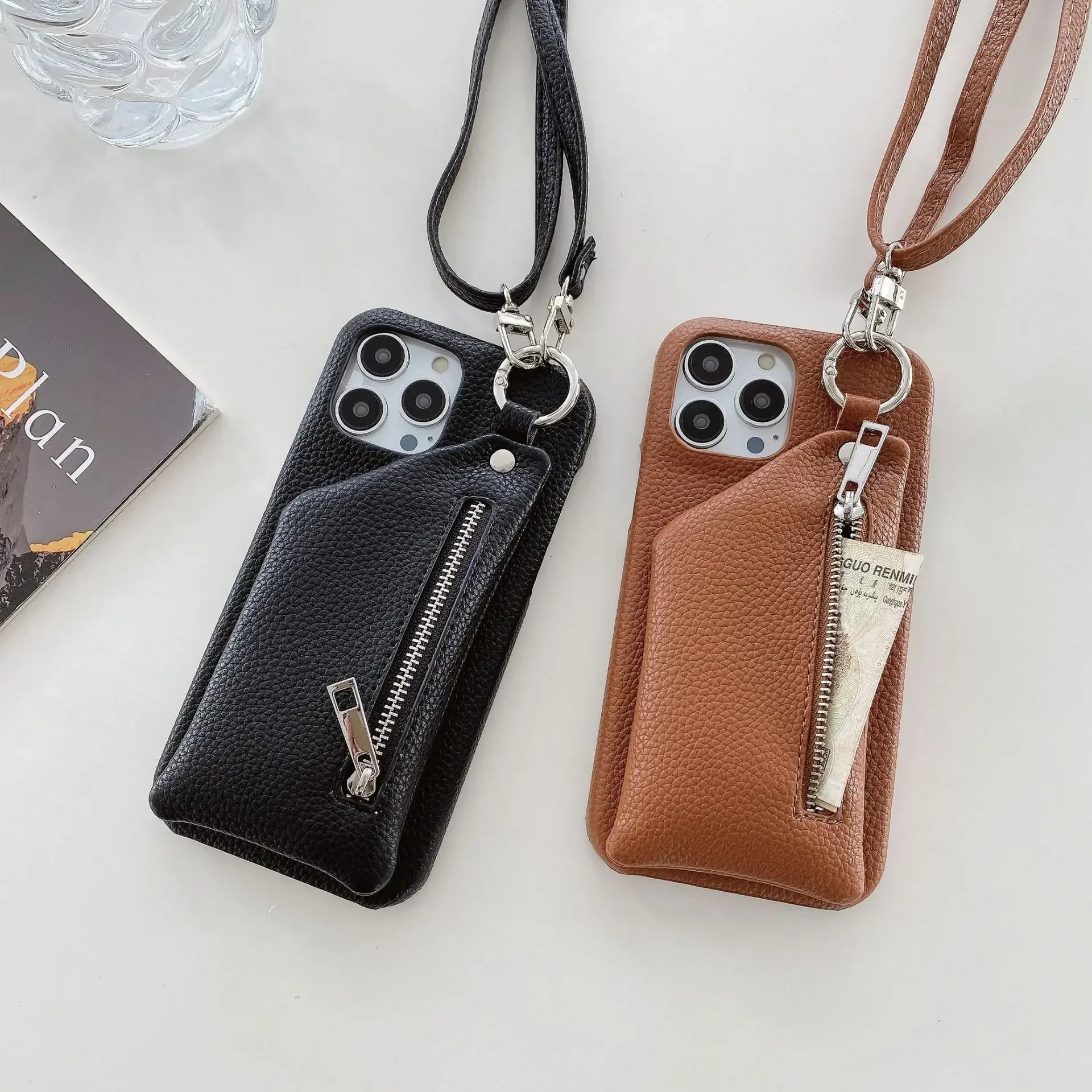 Zipper Wallet Crossbody Lanyard Phone Case with Card Pocket and Coin Purse in Leather