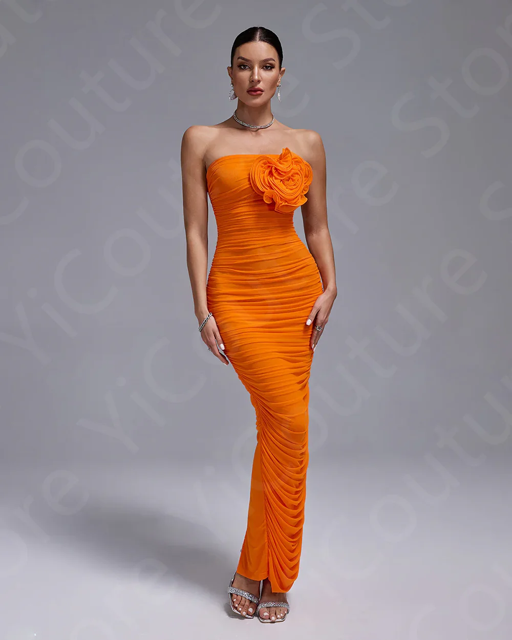Orange Cocktail Party Dresses Ankle Length Homecoming Gowns Strapless Flower Pageant Dresses Back Slit Pleating