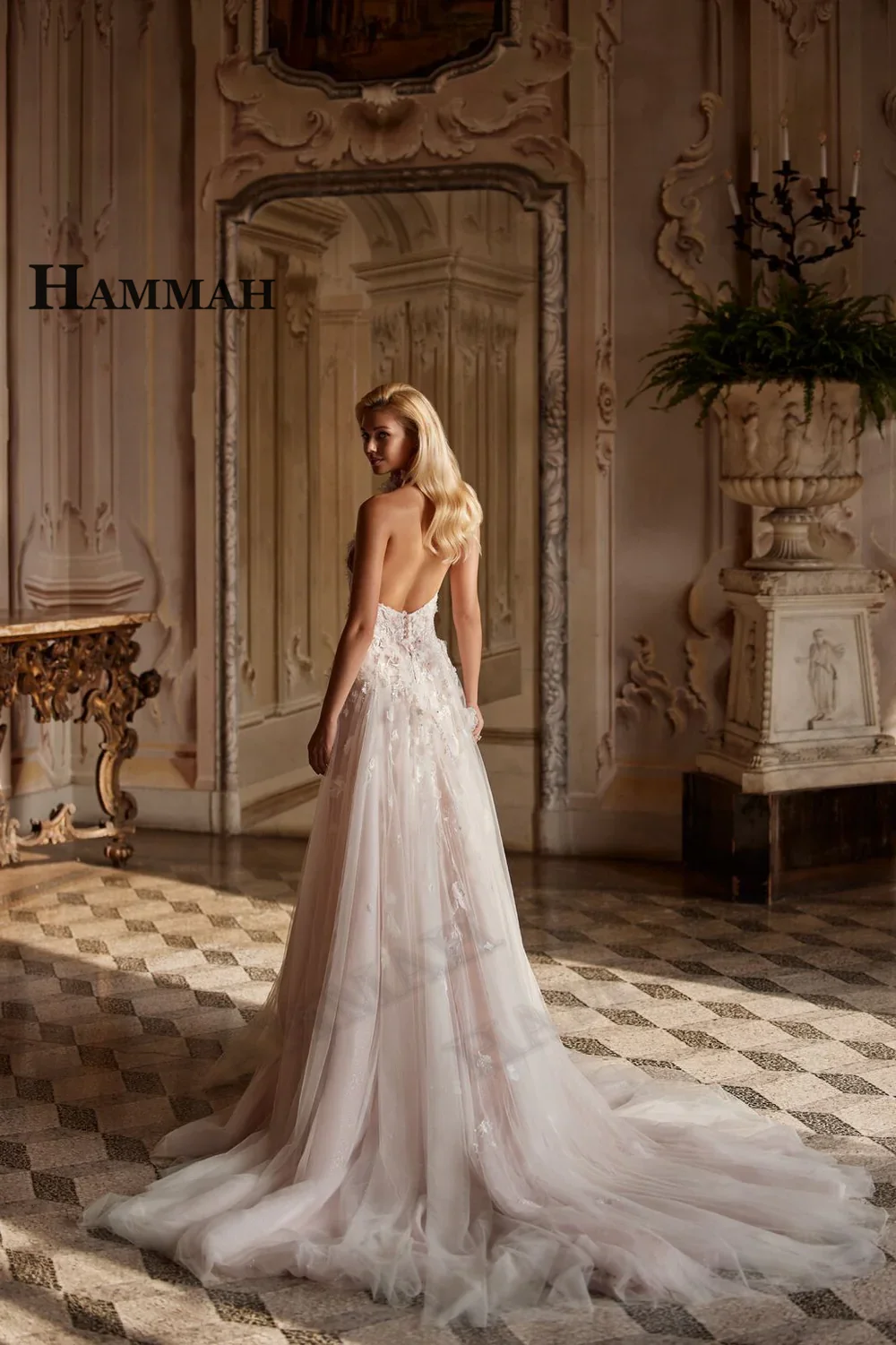 HAMMAH Glamorous Backless Wedding Gown Halter Lace Appliques Sleeveless Trumpet Slit Chapel Train Robe De Mariee Customized