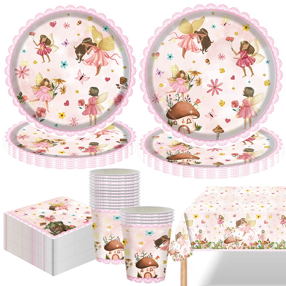 Pink Butterfly & Flower Fairy Disposable Party Tableware Set - Plates, Cups, and Napkins