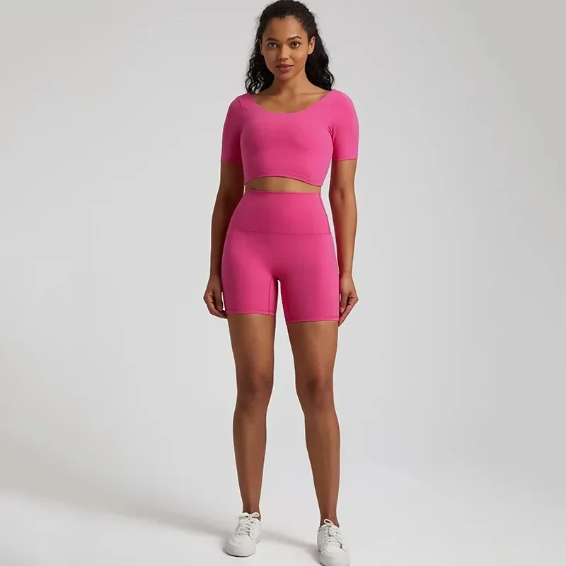 Lemon Soft Women Sport Suit High Waist Short Sleeve T-Shirt 2pc Short Legging Yoga Set Gym Workout Training Jog Hollow Out