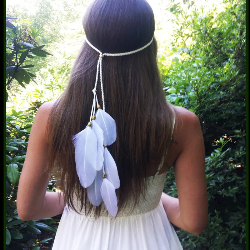 

Bohemian bridal beaded white feather headband
