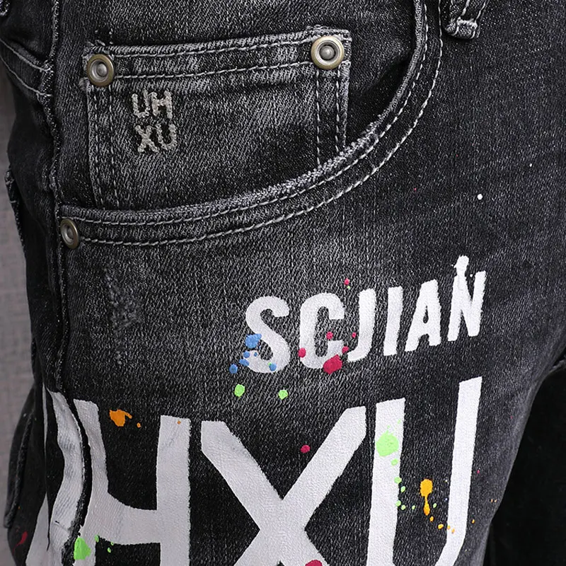 New Men's Jeans Vintage Black Grey Elastic Tight Split Jeans Men's Personalized Pocket Designer Hip Hop Brand Pants