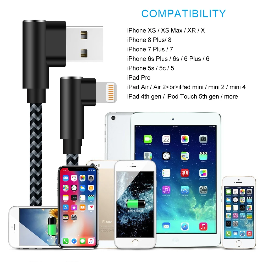USB A to Lightning Fast Charging 90-Degree Cable - Premium Phone Accessory