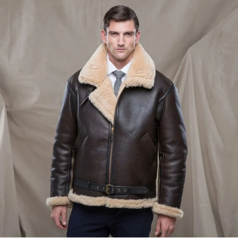 

Men's Jackets Outerwear Coat With Fur And One Piece Thickened Work Leather Jacket For Winter Camping Coffee Color Metal Decor