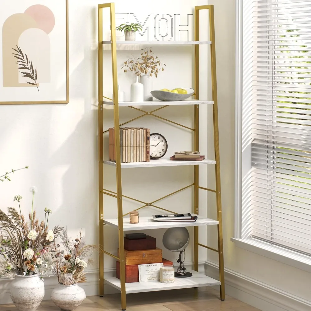 

Bookshelf, Ladder Shelf 5-Tier Bookcase for Bedroom, Industrial Bookshelves Storage Rack with Metal Frame for Home Office, Gold