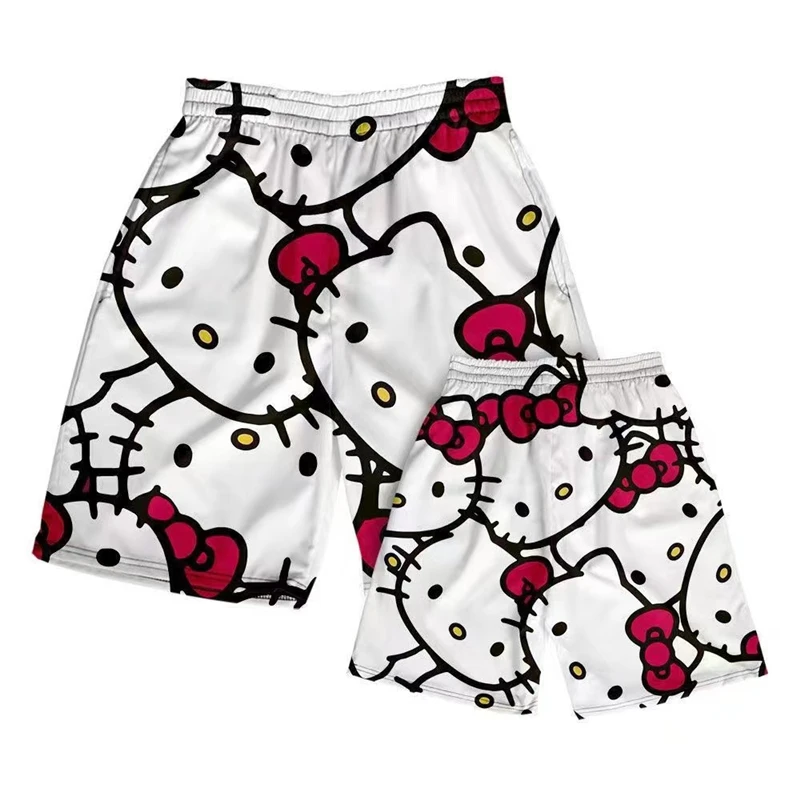 

KT Cat Cute Shorts Hello Kitty Cartoon Print Sanrio Summer Boys and Girls Shorts Casual Beach Pants Loose Vacation pants