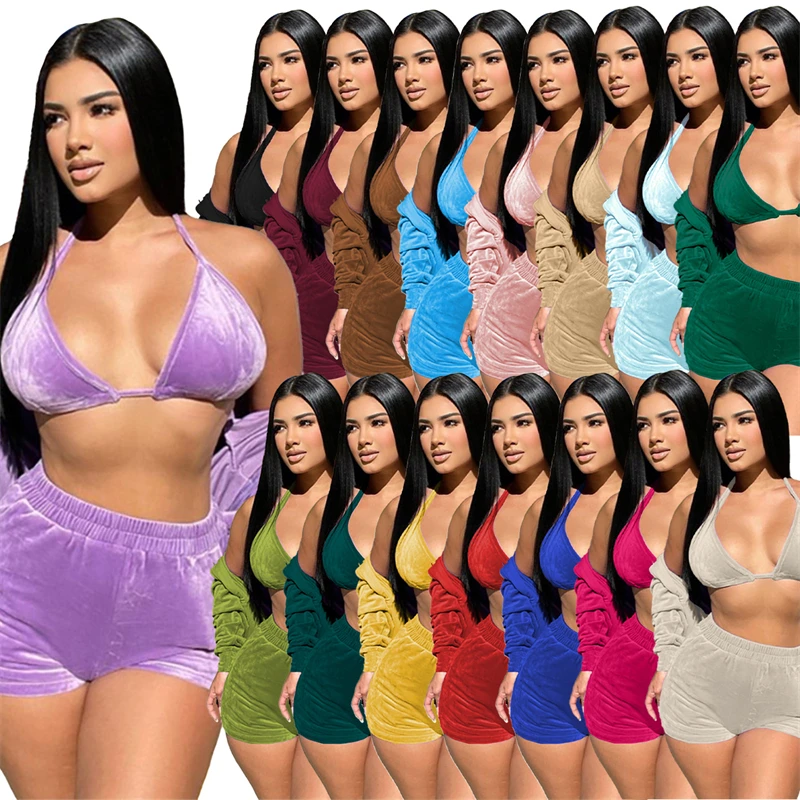 

Solid Velvet 3 Piece Sets Women Tracksuits Lace Up Bra Long Sleeve Zipper Hooded Jacket Top Matching Shorts Fashion Jogger Suits