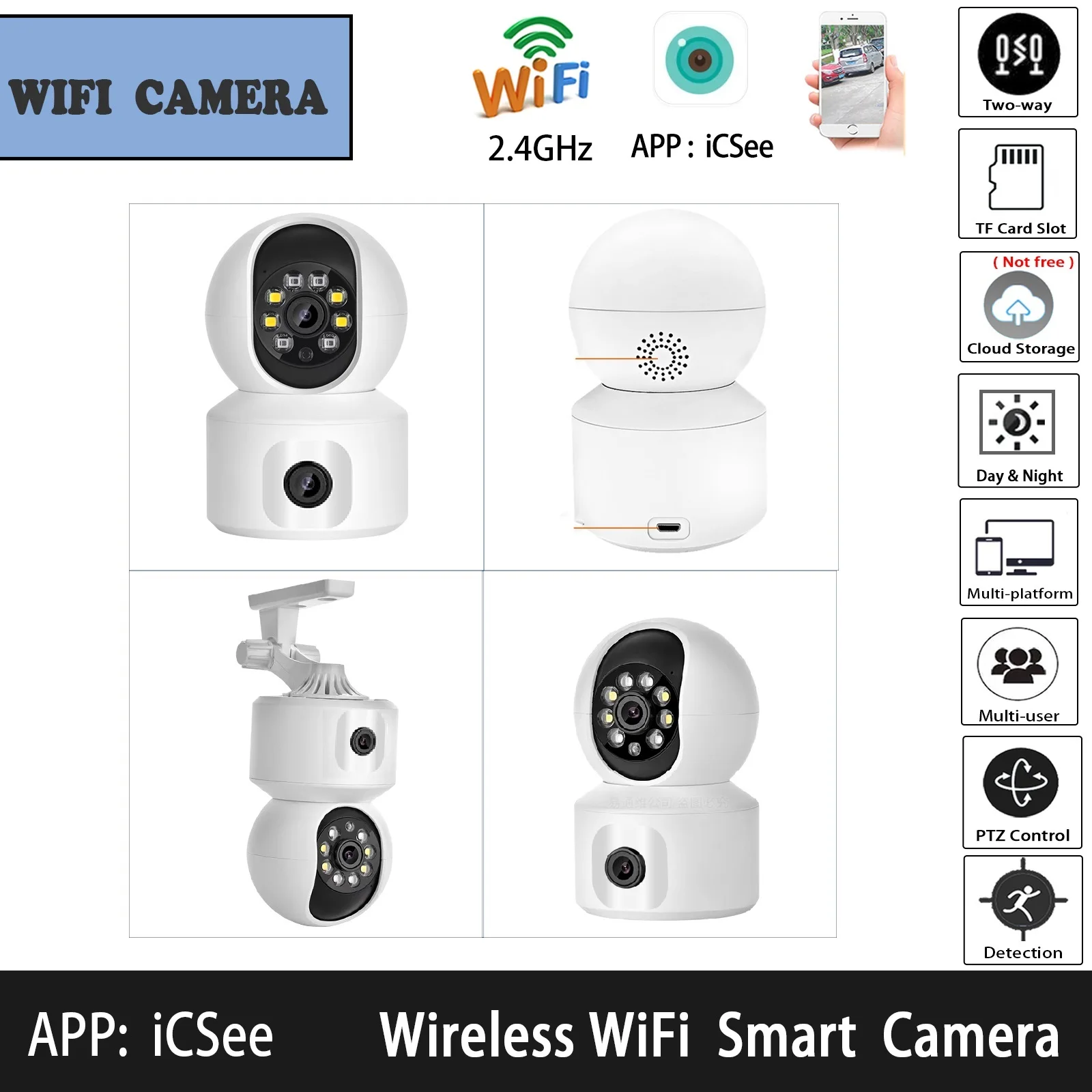 ICSee    PTZ ī޶, 2 , 2  ̺ , AI ޸ӳ̵ ,  , 1080P, 2MP