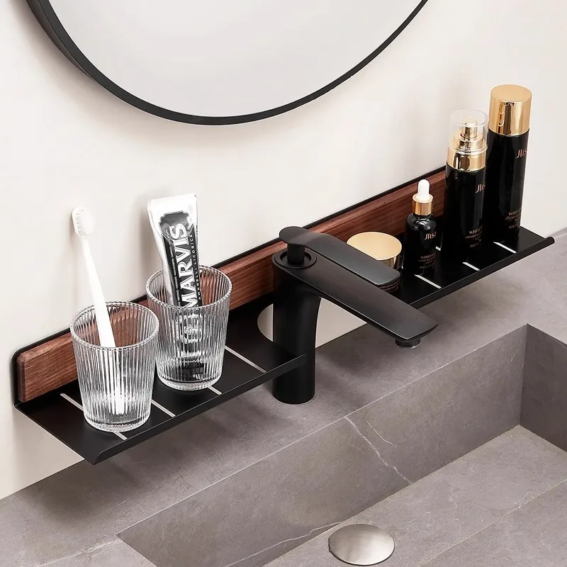 ชั้นวางของในห้องน้ำแบบติดผนังลายไม้วอลนัท - ชั้นวางของแบบไม่ต้องเจาะสำหรับติดตั้งหน้ากระจก ก๊อกน้ำ อ่างล้างหน้า 1