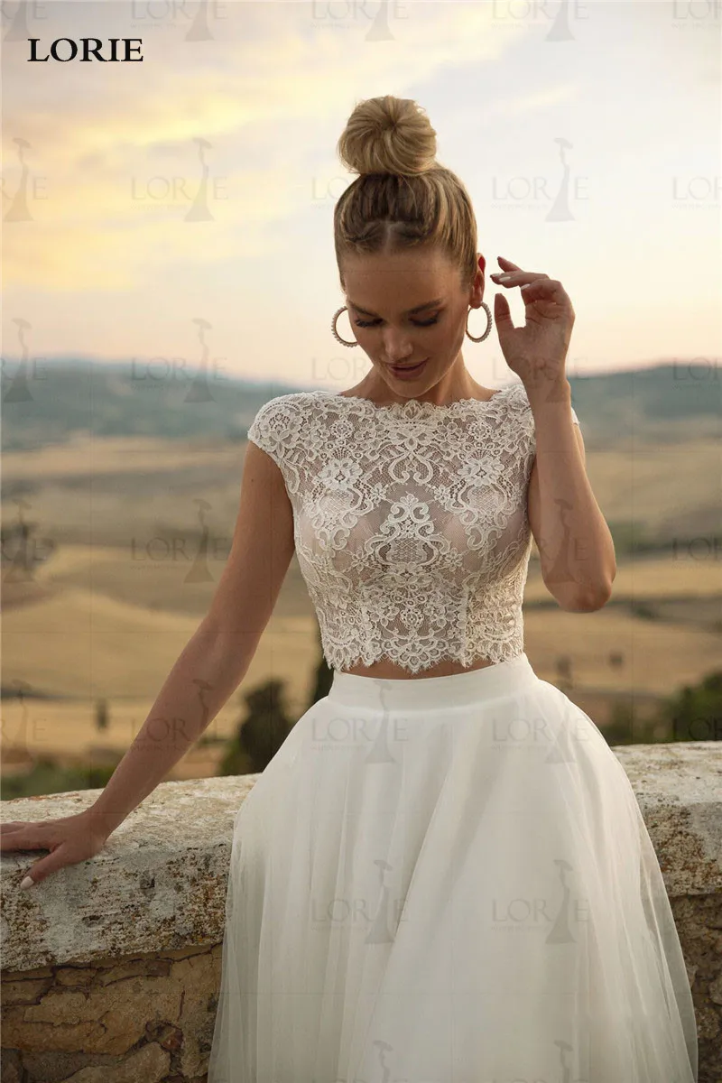 LORIE Vintage Lace Wedding Dresses A Line Cap Sleeve 2 Pieces Bridal Gowns Top Lace Country Wedding Dress Robe de mariée