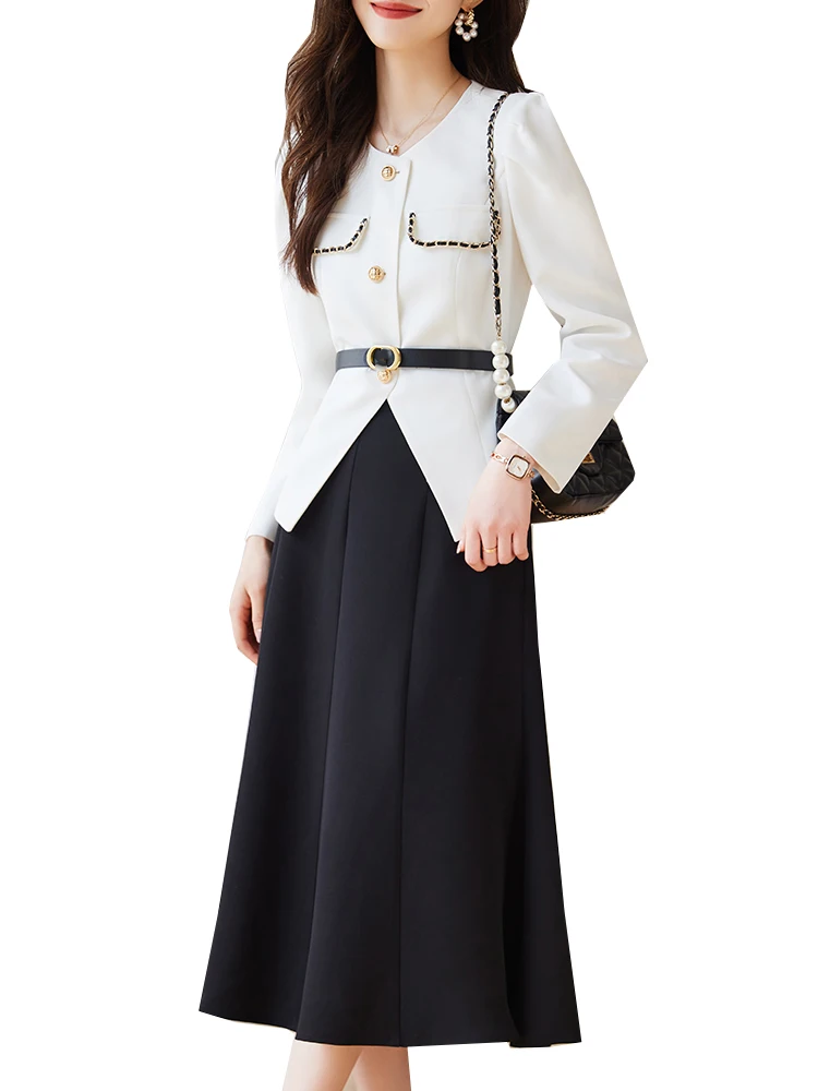 

White Office Ladies Skirt Suit Blazer Women Long Sleeve Formal Two Piece Set for Spring Autumn Business Work Wear