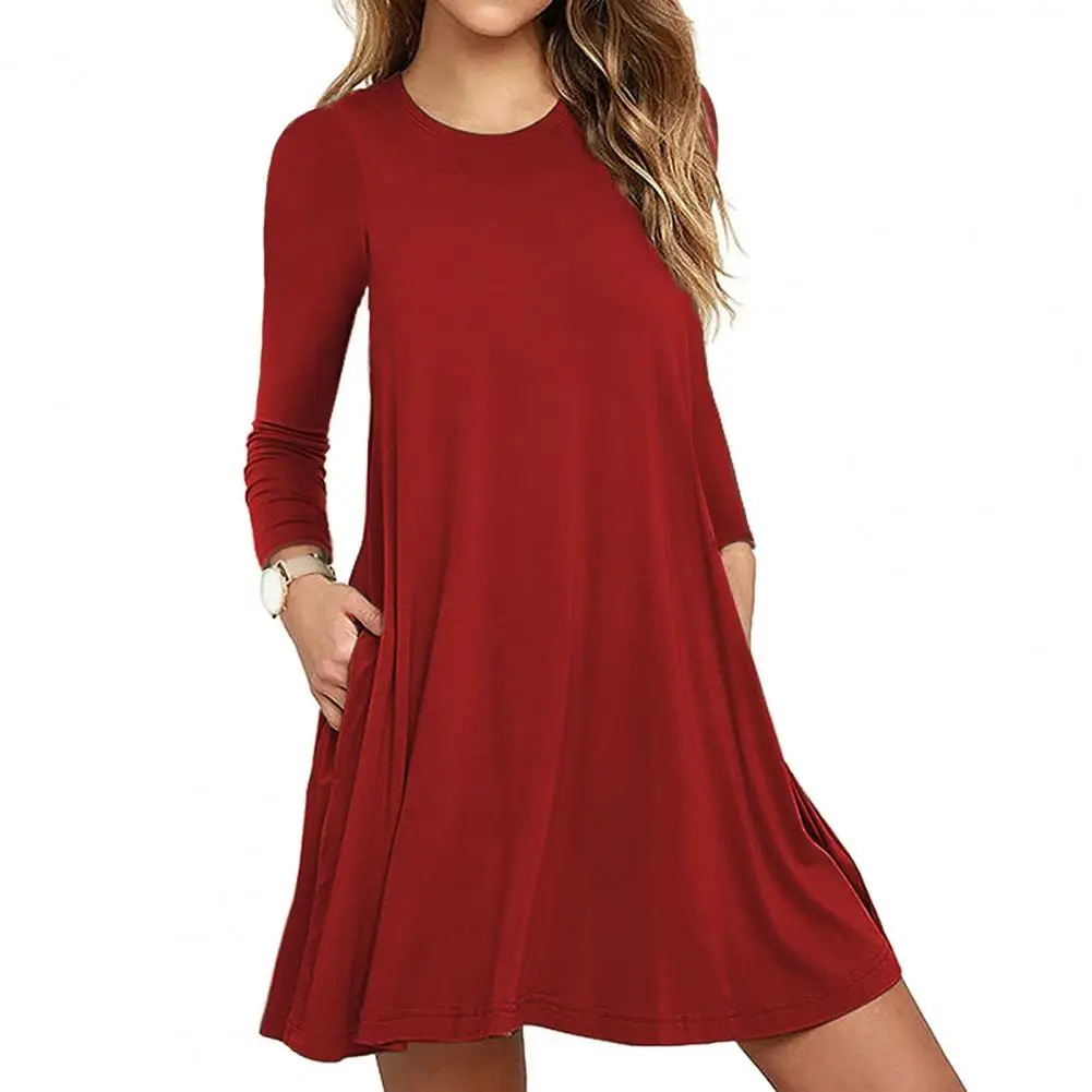 

Fall Spring Women Dress A-line Big Hem Long Sleeve Pullover Loose Mini Dress