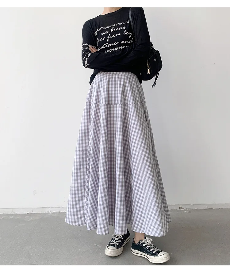 Korean Style Colored Plaid A-line Long Cotton Skirts 8