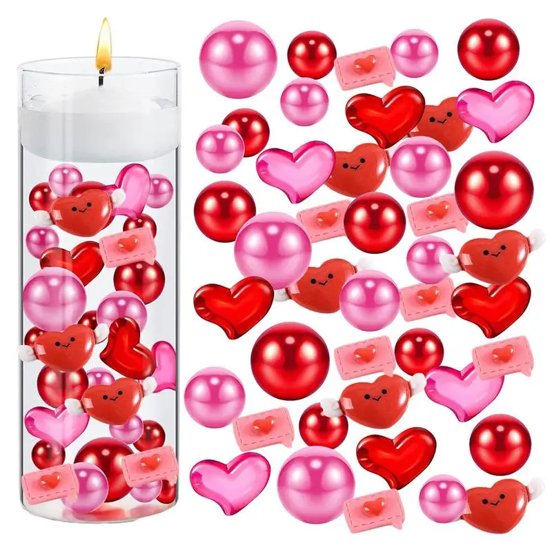 

Valentines Day Vase Filler Decorations Floating Valentine's Candles AcrylicHeart Rose Vase Filler 86PCS Red Pink Floating Pearls