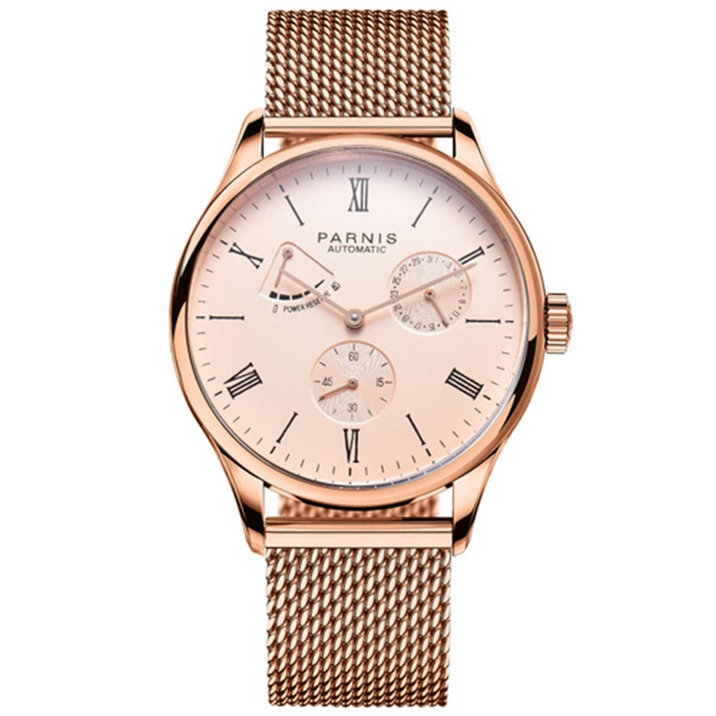 

Parnis 42mm Top Brand Mechanical Watch Rose Gold Stainless Steel Case Rose Gold Dial Date Waterproof Automatic Watch Luxury Gift