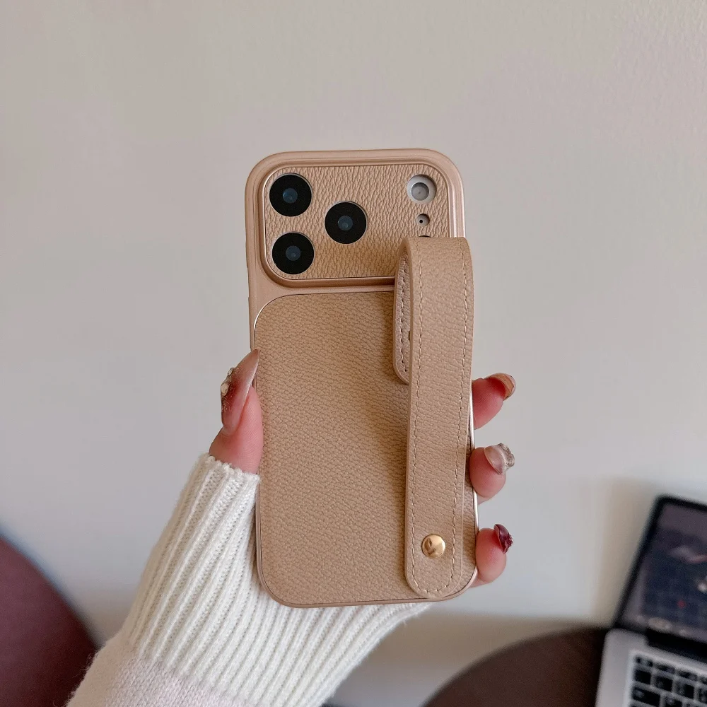 Matte PU Leather Wrist Strap Phone Case with Hand Band Holder and Shockproof Texture Cover
