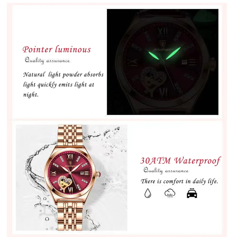 POEDAGAR Luxury Fashion Womens Watch Waterproof Luminous Dial Love Shape Stainless Steel Automatic Ladies Quartz Movement Watch 4