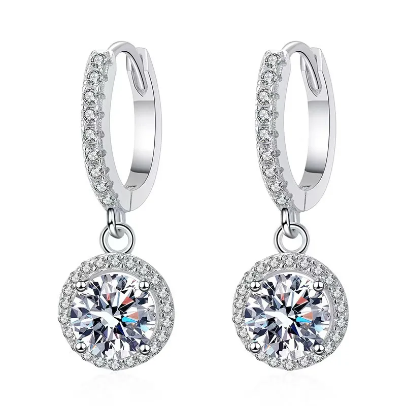 S925 Sterling Silver Gemstone Earrings for Women Round-Plated Earrings Moissanite 1 Carat D Color Moissanite for Women