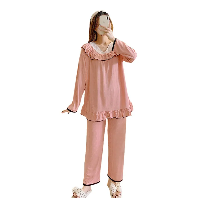 Spring and autumn pajamas women's suit milk silk jacquard Korean version lace V-neck pullover sweet princess style home clothes