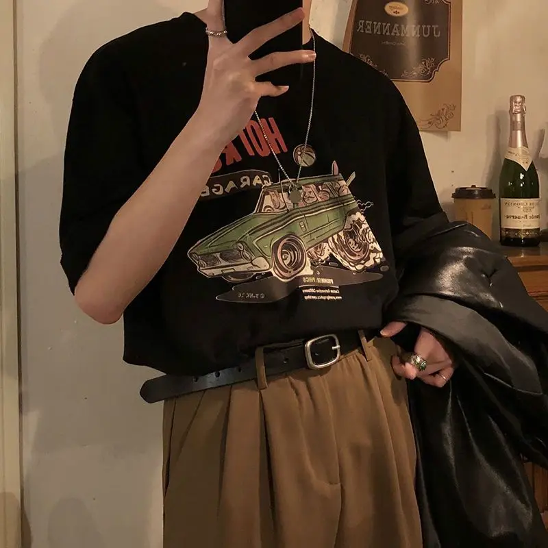 

Printed racing short-sleeved T-shirt for men in spring and summer American retro trendy street loose hip-hop round neck y2k tops