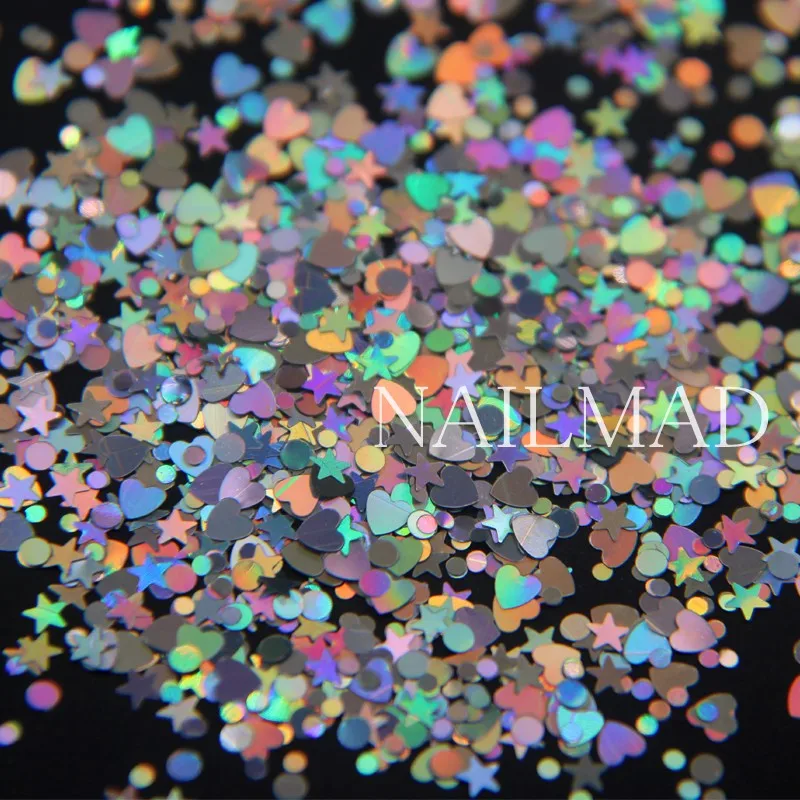Nail Decorations 3ml Box Holo Nail Glitter Mixes Heart Round Star Nail Sequins Holographic Glitter Art Decorations